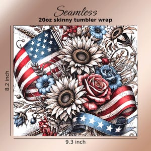 Patriotic tumbler wrap PNG bundle featuring 5 seamless Americana designs with American flags, sunflowers, stars, and red white and blue floral elements. These vibrant patriotic sublimation wraps are perfect for 20 oz skinny tumblers, summer drinkware, Independence Day crafts, and USA themed gifts. Ideal for 4th of July celebrations, Memorial Day projects, and patriotic DIY sublimation designs for tumblers and drinkware.
