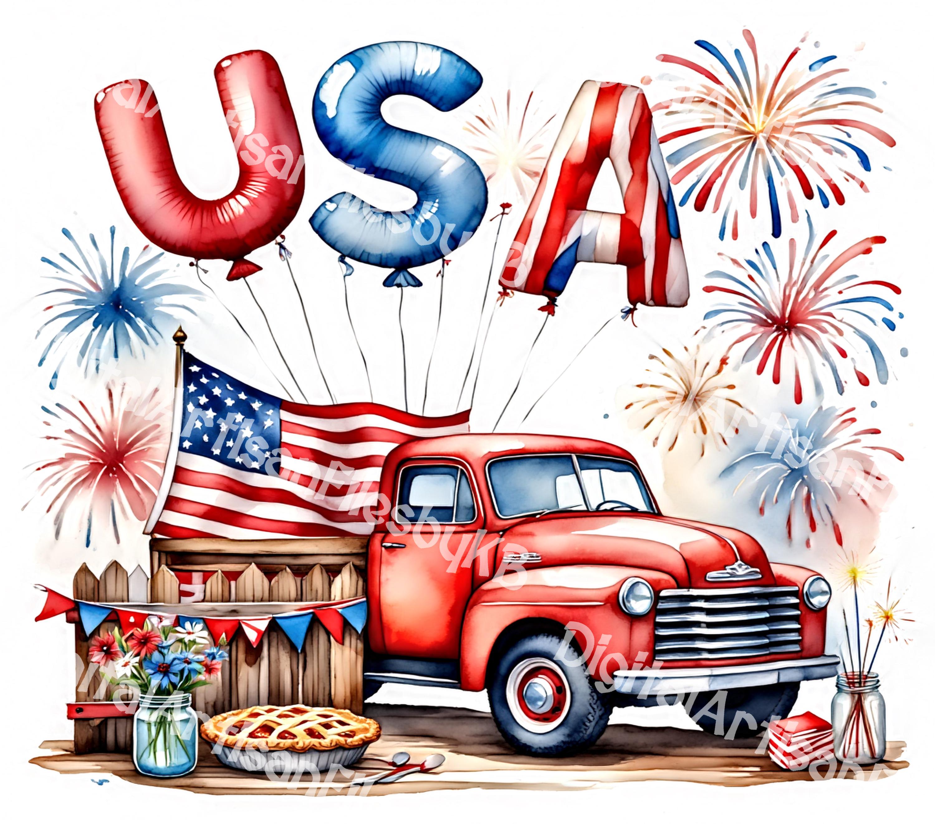 Patriotic T-Shirt Sublimation PNG – Red Truck with Flag, Fireworks 4th of July  – Digital Clipart for T-Shirts, Wall Art - Digital Download