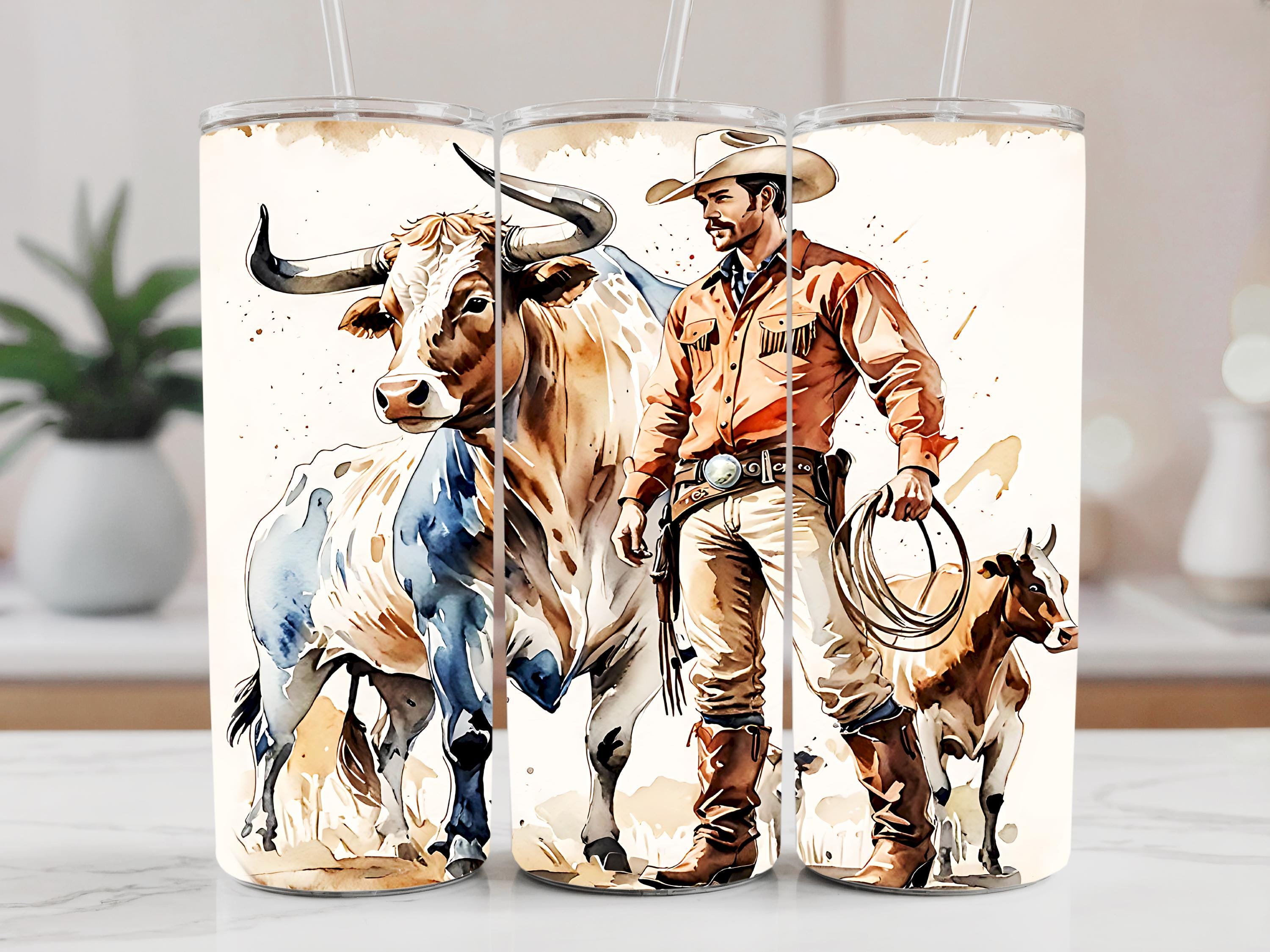 Western Cowboy Tumbler Wrap PNG: Watercolor Bull and Ranch Life ...