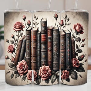 Gothic Dark Academia Tumbler Wrap PNG: bloemenontwerp boekenliefhebber (digitale download)