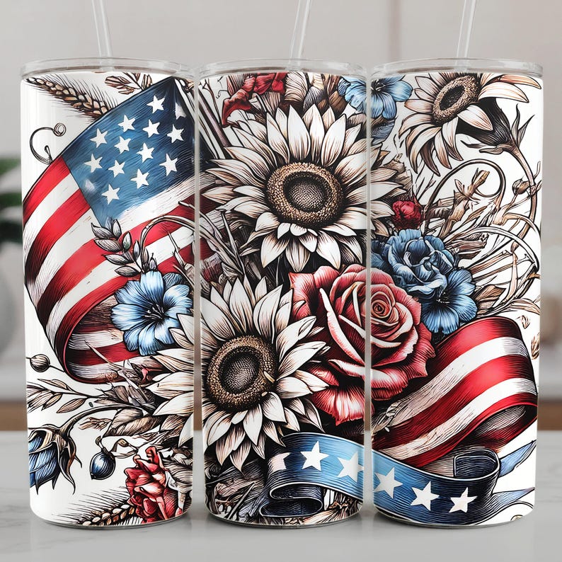 Patriotic tumbler wrap PNG bundle featuring 5 seamless Americana designs with American flags, sunflowers, stars, and red white and blue floral elements. These vibrant patriotic sublimation wraps are perfect for 20 oz skinny tumblers, summer drinkware, Independence Day crafts, and USA themed gifts. Ideal for 4th of July celebrations, Memorial Day projects, and patriotic DIY sublimation designs for tumblers and drinkware.