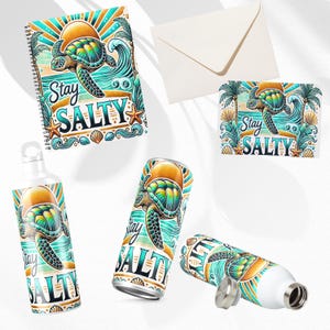 Tropical sea turtle tumbler wrap featuring a colorful turtle, sunset, palm trees, ocean waves, seashells, and "Stay Salty" text in a vibrant coastal design. Designed for 20 oz skinny tumbler sublimation