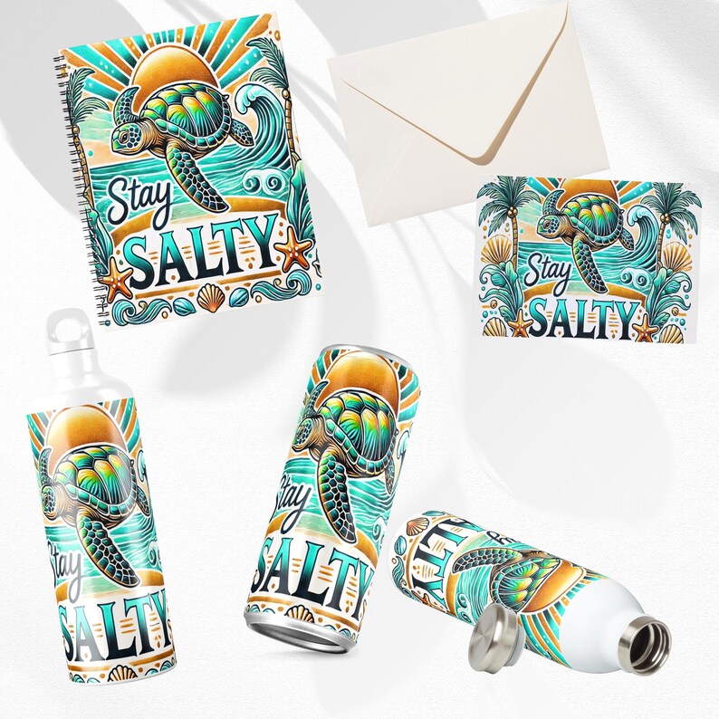 Tropical sea turtle tumbler wrap featuring a colorful turtle, sunset, palm trees, ocean waves, seashells, and "Stay Salty" text in a vibrant coastal design. Designed for 20 oz skinny tumbler sublimation
