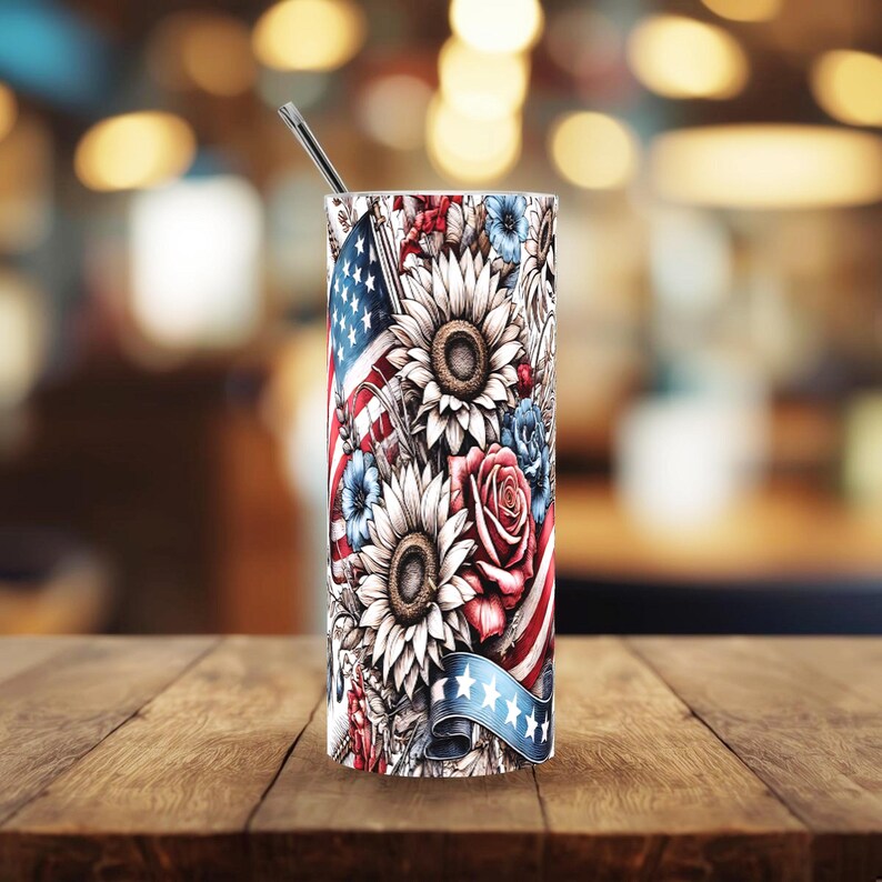 Patriotic tumbler wrap PNG bundle featuring 5 seamless Americana designs with American flags, sunflowers, stars, and red white and blue floral elements. These vibrant patriotic sublimation wraps are perfect for 20 oz skinny tumblers, summer drinkware, Independence Day crafts, and USA themed gifts. Ideal for 4th of July celebrations, Memorial Day projects, and patriotic DIY sublimation designs for tumblers and drinkware.