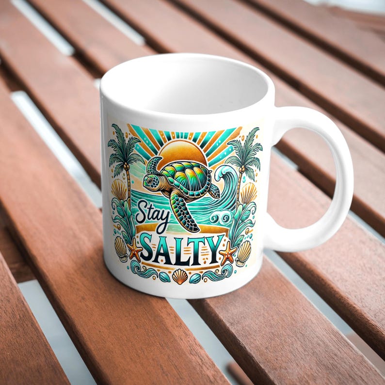 Tropical sea turtle tumbler wrap featuring a colorful turtle, sunset, palm trees, ocean waves, seashells, and "Stay Salty" text in a vibrant coastal design. Designed for 20 oz skinny tumbler sublimation
