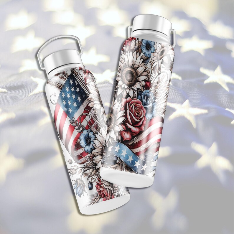 Patriotic tumbler wrap PNG bundle featuring 5 seamless Americana designs with American flags, sunflowers, stars, and red white and blue floral elements. These vibrant patriotic sublimation wraps are perfect for 20 oz skinny tumblers, summer drinkware, Independence Day crafts, and USA themed gifts. Ideal for 4th of July celebrations, Memorial Day projects, and patriotic DIY sublimation designs for tumblers and drinkware.