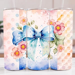 Tumbler floreale PNG – Fiocco blu acquerello con fiori rosa – Tumbler sottile da 20 oz, design a sublimazione – Download digitale