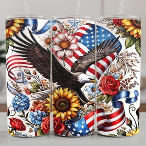 Patriotic tumbler wrap PNG bundle featuring 5 seamless Americana designs with American flags, sunflowers, stars, and red white and blue floral elements. These vibrant patriotic sublimation wraps are perfect for 20 oz skinny tumblers, summer drinkware, Independence Day crafts, and USA themed gifts. Ideal for 4th of July celebrations, Memorial Day projects, and patriotic DIY sublimation designs for tumblers and drinkware.