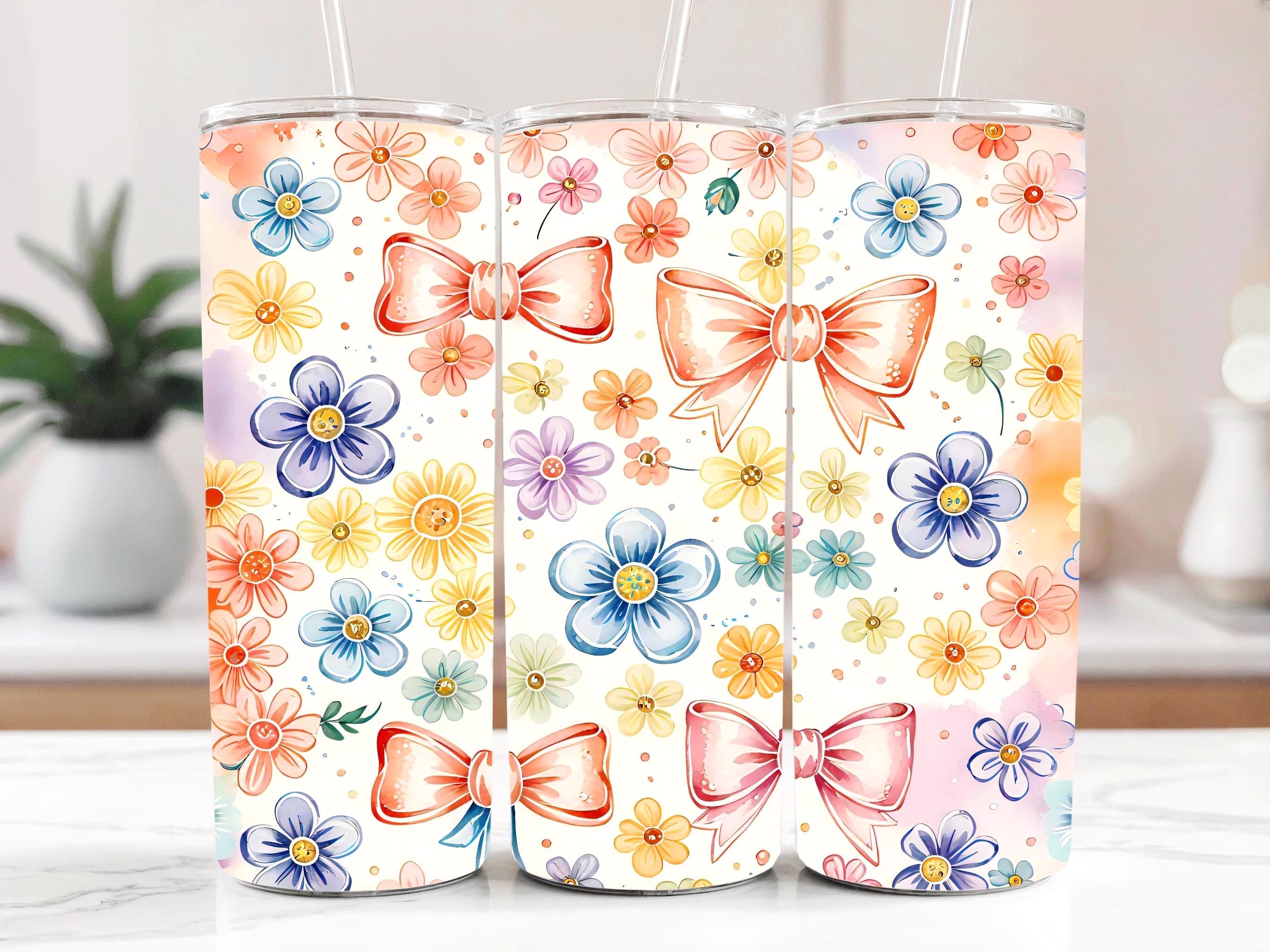 水彩花柄リボンタンブラーラップPNG：コケットパステル昇華デザイン