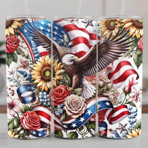 Patriotic tumbler wrap PNG bundle featuring 5 seamless Americana designs with American flags, sunflowers, stars, and red white and blue floral elements. These vibrant patriotic sublimation wraps are perfect for 20 oz skinny tumblers, summer drinkware, Independence Day crafts, and USA themed gifts. Ideal for 4th of July celebrations, Memorial Day projects, and patriotic DIY sublimation designs for tumblers and drinkware.
