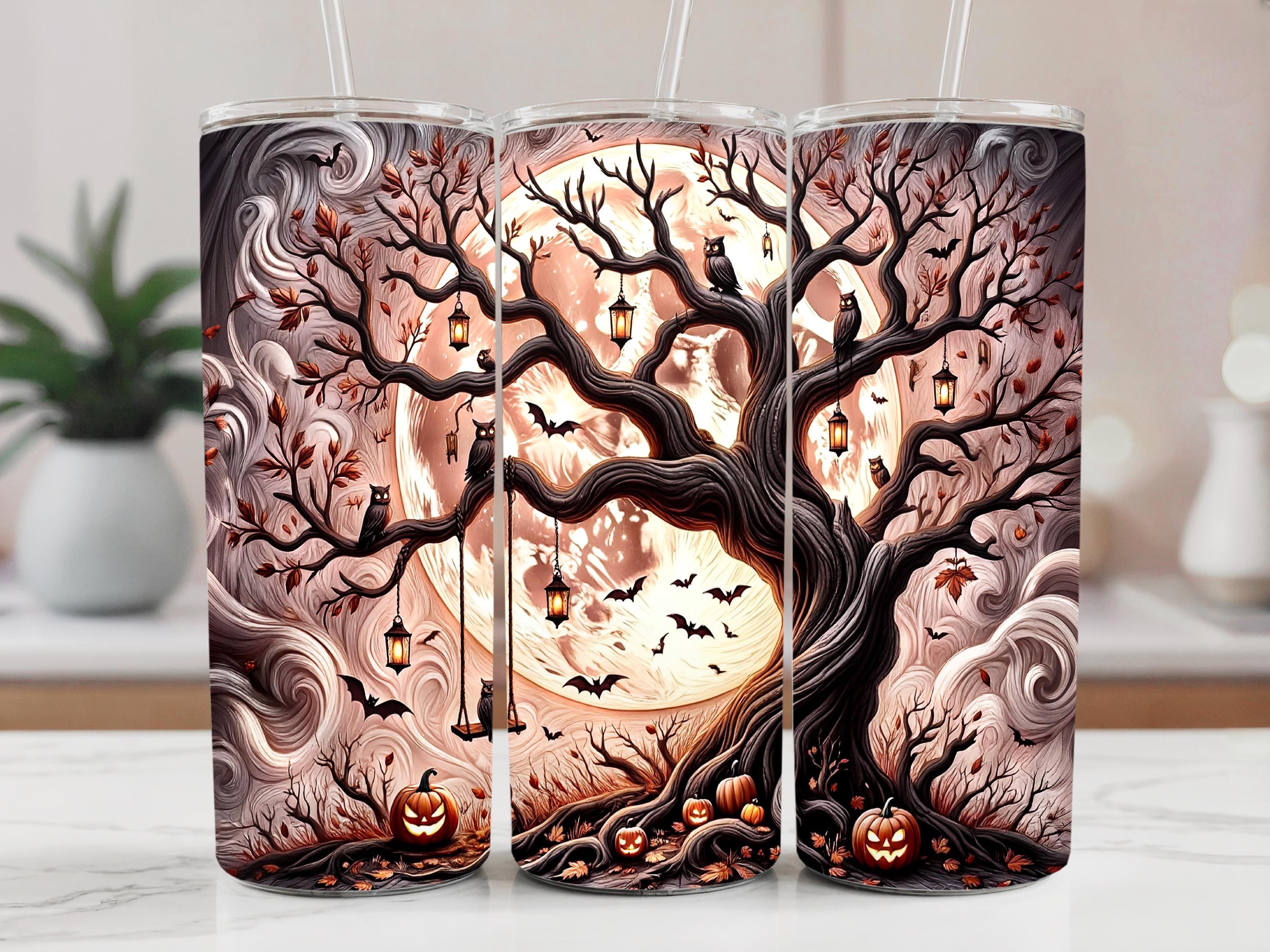 Blush Halloween Tumbler Wrap PNG – 3D Haunted Tree with Owls, Bats & Pumpkins – 20 o