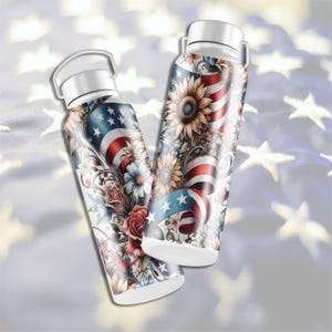 Patriotic tumbler wrap PNG bundle featuring 5 seamless Americana designs with American flags, sunflowers, stars, and red white and blue floral elements. These vibrant patriotic sublimation wraps are perfect for 20 oz skinny tumblers, summer drinkware, Independence Day crafts, and USA themed gifts. Ideal for 4th of July celebrations, Memorial Day projects, and patriotic DIY sublimation designs for tumblers and drinkware.