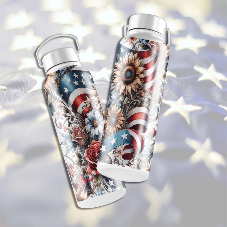 Patriotic tumbler wrap PNG bundle featuring 5 seamless Americana designs with American flags, sunflowers, stars, and red white and blue floral elements. These vibrant patriotic sublimation wraps are perfect for 20 oz skinny tumblers, summer drinkware, Independence Day crafts, and USA themed gifts. Ideal for 4th of July celebrations, Memorial Day projects, and patriotic DIY sublimation designs for tumblers and drinkware.
