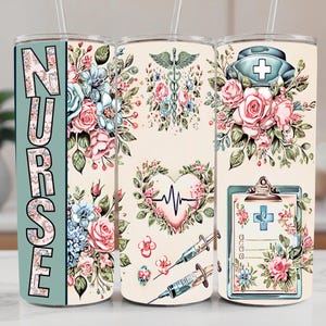 Floral Nurse Tumbler Wrap Bundle: Coquette Sublimation Design (Digital Download 2-pack)