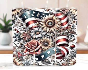 American Flag Tumbler Wrap: Floral Patriotic 20 oz Skinny Design (Digital Download)
