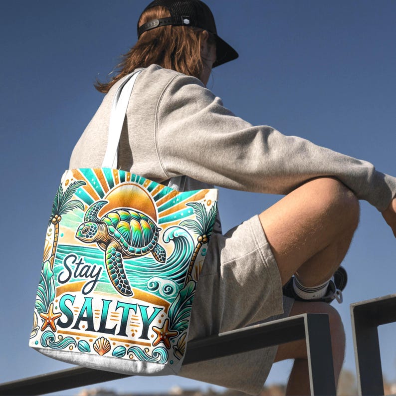 Tropical sea turtle tumbler wrap featuring a colorful turtle, sunset, palm trees, ocean waves, seashells, and "Stay Salty" text in a vibrant coastal design. Designed for 20 oz skinny tumbler sublimation