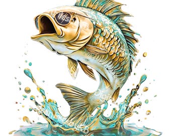 Gold & Teal Bass Fish PNG: Sunglasses, 3D Clipart Sublimation Design (Digital Download