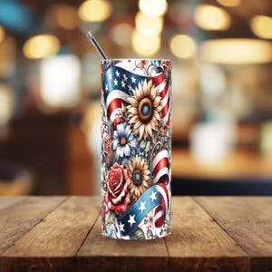 Patriotic tumbler wrap PNG bundle featuring 5 seamless Americana designs with American flags, sunflowers, stars, and red white and blue floral elements. These vibrant patriotic sublimation wraps are perfect for 20 oz skinny tumblers, summer drinkware, Independence Day crafts, and USA themed gifts. Ideal for 4th of July celebrations, Memorial Day projects, and patriotic DIY sublimation designs for tumblers and drinkware.