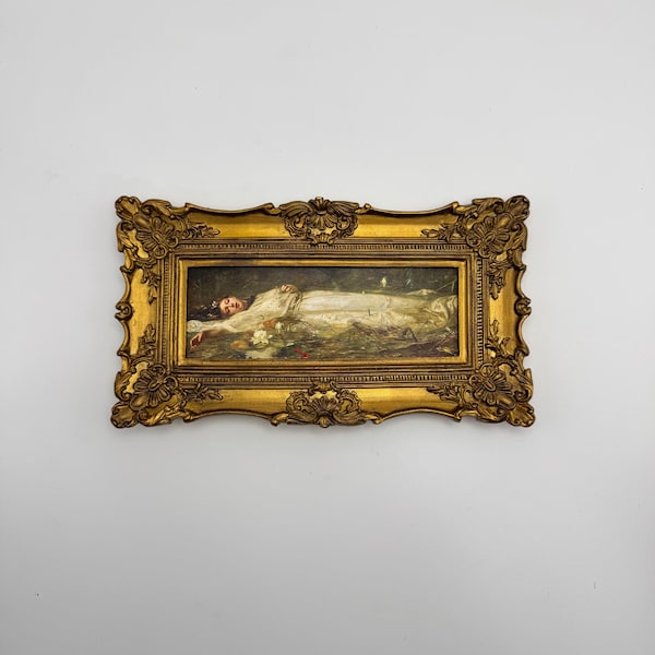 Small long ornate gold frame with print of Ophelia