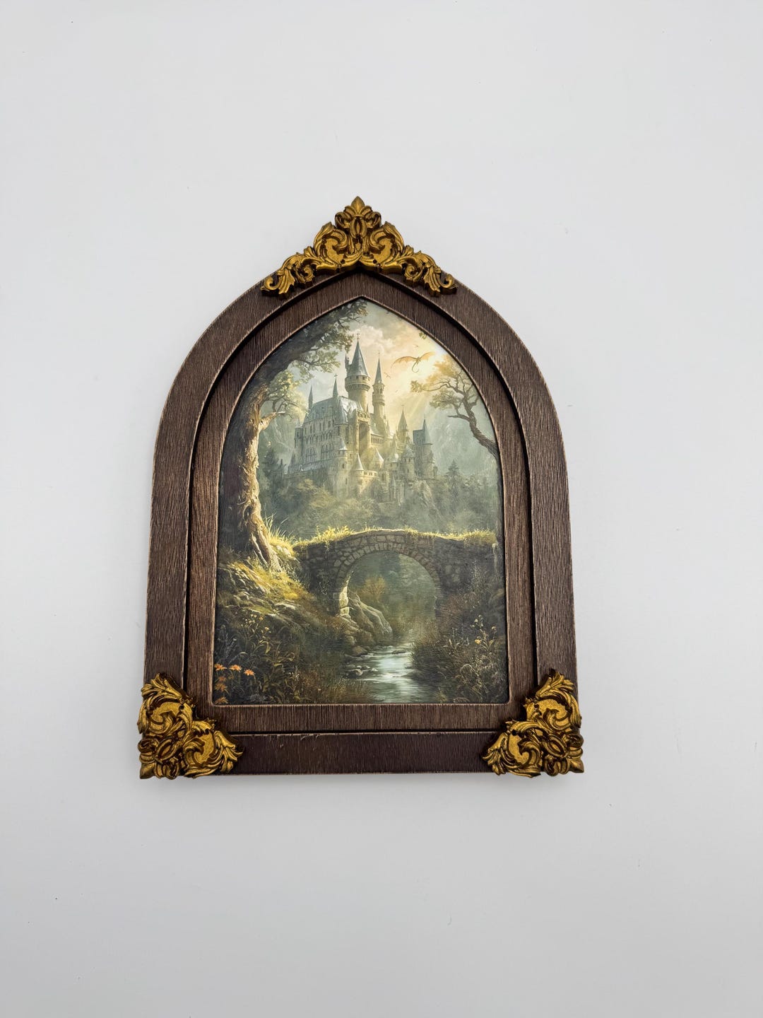 Castle Square Frame Arched Wood Frame With Print of a Castle and Dragon - Etsy