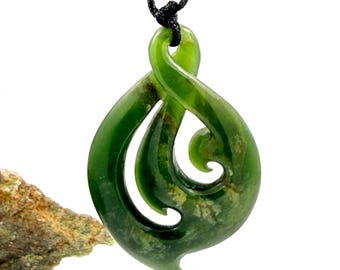 Authority Rare Large NZ Maori FISH HOOK genuine natural greenstone pendant - Safety