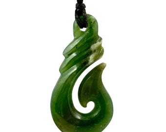 NZ Maori FISH HOOK Genuine  Greenstone Pendant - Safety