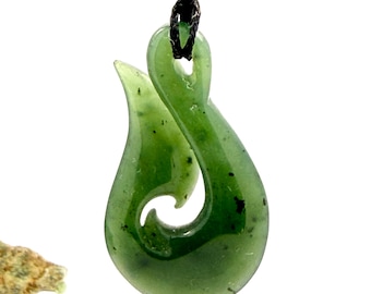 Authority NZ Maori FISH HOOK genuine natural greenstone pendant - Safety