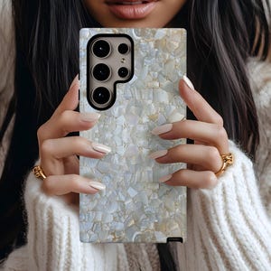 Mother of Pearl White Mosaic Phone Case, Samsung Galaxy S25 S24 S23 S22 S21 S20 Ultra Plus FE, Abalone Pearl Case Beach Shell Ocean Phone