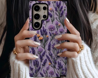 3D-telefoonhoesje lavendel wilde bloemen, Galaxy S25 S24 S23 S22 S21 S20 Ultra Plus, telefoonhoesje paars-oranje mozaïekbloem