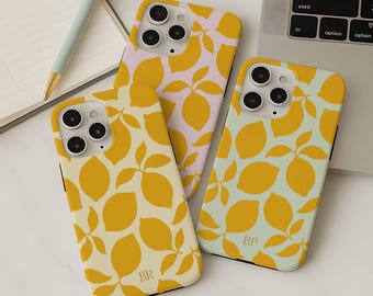 Personalized Yellow Lemon Fruit Phone Case Gold Initials, iPhone 17 16 15 14 13 12 Pro Max Plus Mini, Galaxy S25 S24 S23 S22, Pixel 10 9 8