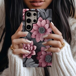 3D Rosa & Grått Blommigt Mobilskal, Galaxy S26 S25 S24 S23 S22 S21 S20 Ultra Plus FE Google Pixel 10 Pro XL 9 8, Blommigt Boho Mobilskal Rosa