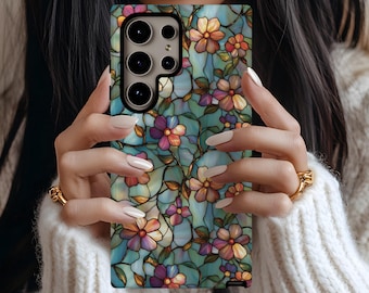 Coque portable Wildflower Pressed Stained Glass Mosaic Floral bleu vert rose, Galaxy S26 S25 S24 S23 S22 S21 S20 Ultra Plus Coque de portable