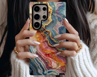 Sunset Agate Geode Teal Pink Gold Phone Case, Galaxy S26 S25 S24 S23 S22 S21 S20 Ultra Plus FE, Beachy Phone Case Ocean Shell Cover