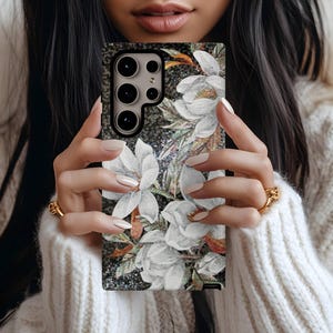 White Pearl Lily Mosaic Effect Floral Phone Case, Samsung Galaxy S25 S24 S23 S22 S21 S20 Ultra Plus, Mosaic Flower Phone Case Lilies