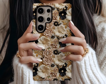 Elegant 3D Floral Black and Gold Phone Case, Galaxy S26 S25 S24 S23 S22 S21 S20 Ultra Plus, Boho Flower Phone Cover, Boho Chic