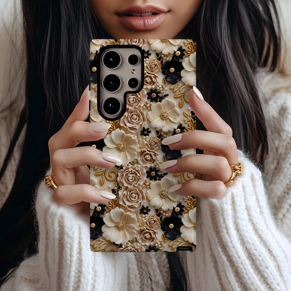 Elegant 3D Floral Black and Gold Phone Case, Galaxy S26 S25 S24 S23 S22 S21 S20 Ultra Plus, Boho Flower Phone Cover, Boho Chic