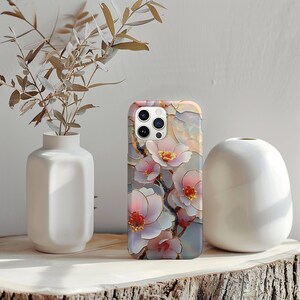Cherry Blossom Stained Glass Phone Case, iPhone 17 16 15 14 13 12 11 Pro Max Plus, Google Pixel 9 8 7 6 5,Pink Wildflower Stained Glass Case image 3