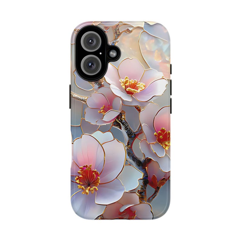 Cherry Blossom Stained Glass Phone Case, iPhone 17 16 15 14 13 12 11 Pro Max Plus, Google Pixel 9 8 7 6 5,Pink Wildflower Stained Glass Case image 4