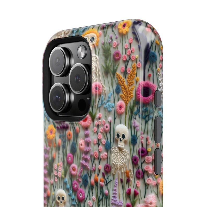 Vintage Skeletons in Bloom Halloween Magsafe Phone Case, iPhone 18 17 16 15 14 13 Pro Max Plus, Floral 3D Embroidered Phone Cover Skeletons image 7