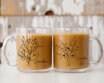 Personalized Birth Flower Glass Mug, Custom Coffee Cup, Custom Easter Gift, Mothers Day, Birthday Present Gift For Her Wildflower Glass Mug