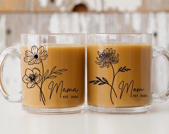 Tasse en verre de fleurs de naissance bouquet personnalisée pour maman, tasse en verre bouquet personnalisé pour la fête des mères, tasse de thé personnalisée pour maman avec noms d'enfants