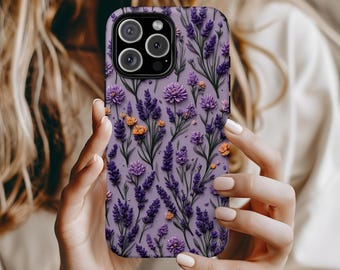 3D Lavendel Wildflower Telefoonhoesje, iPhone 16 15 14 13 12 11 Pro Max Plus, Google Pixel 9 8 7 6 5 4, Paars Oranje Mozaïek Bloemen Telefoonhoesje