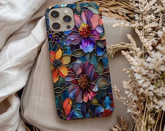 Dark Wildflower Stained Glass Slim Phone Case, iPhone 16 15 14 13 12 11 X 8 7 Mini Pro Max Plus, Pixel 5, Galaxy S24 S23 S22 S21 S20