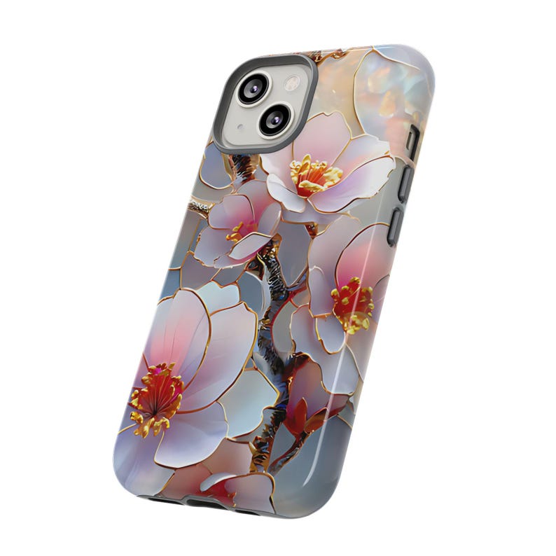 Cherry Blossom Stained Glass Phone Case, iPhone 17 16 15 14 13 12 11 Pro Max Plus, Google Pixel 9 8 7 6 5,Pink Wildflower Stained Glass Case image 8