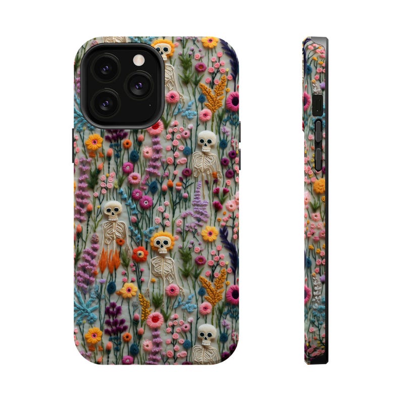 Vintage Skeletons in Bloom Halloween Magsafe Phone Case, iPhone 18 17 16 15 14 13 Pro Max Plus, Floral 3D Embroidered Phone Cover Skeletons image 10