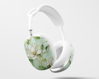 Green Gold Magnolia Pearl Floral Stained Glass Airpods Max Case, Faux Stained Glass Golden Floral Coquette Airpod Headphone Covers