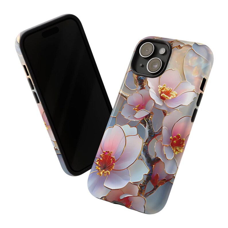 Cherry Blossom Stained Glass Phone Case, iPhone 17 16 15 14 13 12 11 Pro Max Plus, Google Pixel 9 8 7 6 5,Pink Wildflower Stained Glass Case image 7