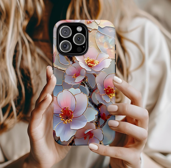Cherry Blossom Stained Glass Phone Case, iPhone 17 16 15 14 13 12 11 Pro Max Plus, Google Pixel 9 8 7 6 5,Pink Wildflower Stained Glass Case