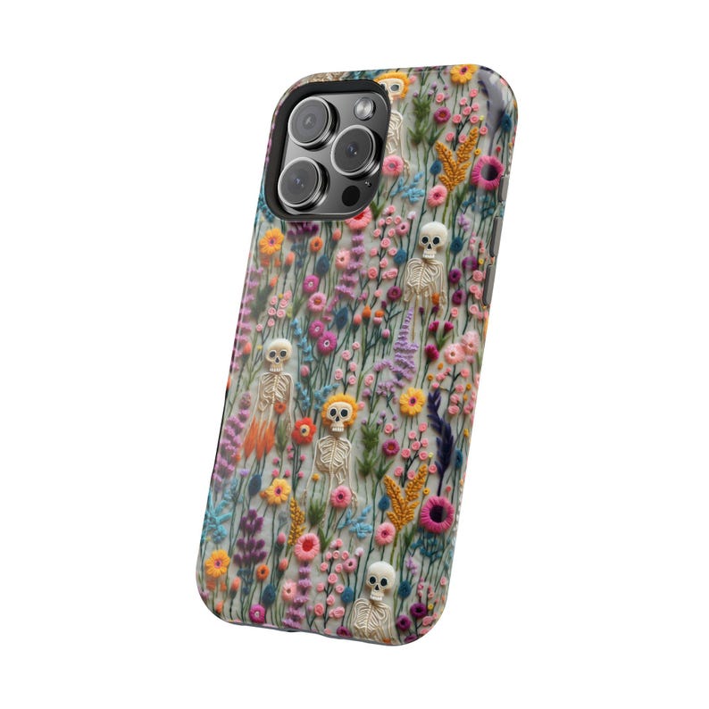 Vintage Skeletons in Bloom Halloween Magsafe Phone Case, iPhone 18 17 16 15 14 13 Pro Max Plus, Floral 3D Embroidered Phone Cover Skeletons image 6