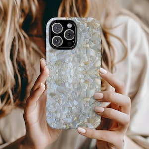 Mother of Pearl White Mosaic Phone Case, iPhone 16 15 14 13 12 11 X Mini Pro Max Plus, Google Pixel 9 8 7 6 5 4, Abalone Pearl Phone Case